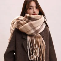 Fashion Mohair Plaid Wool Scarf Tassel Thicken Winter Cashmere Scarves Korean Style Warm Long Shawl Autumn Winter