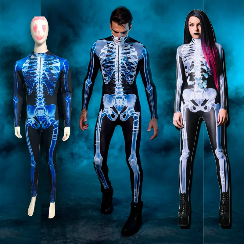

2023 New Long Sleeved Tights Couple Body Perspective Skeleton 3D Printing Skull Jumpsuit Halloween Costume Cosplay Costume Women