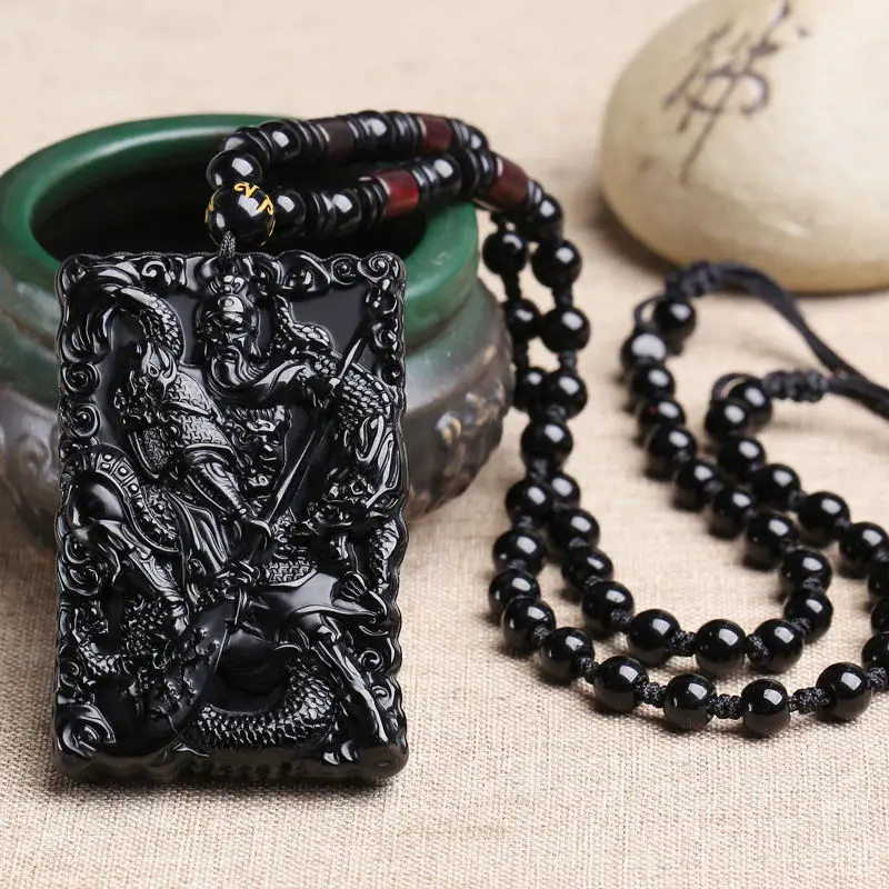 Double-sided Carved Natural Obsidian Guan Gong Pendant Men's Necklace Wu God of Wealth GuanYu Necklace Luxury High-grade Jewelry