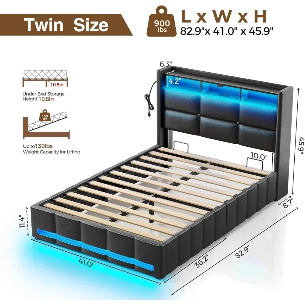 NEW-Rolanstar Bed Frame Twin Size with Lift Up Storage, Charging Station & LED Lights, Upholstered Storage Headboard, Heavy Duty