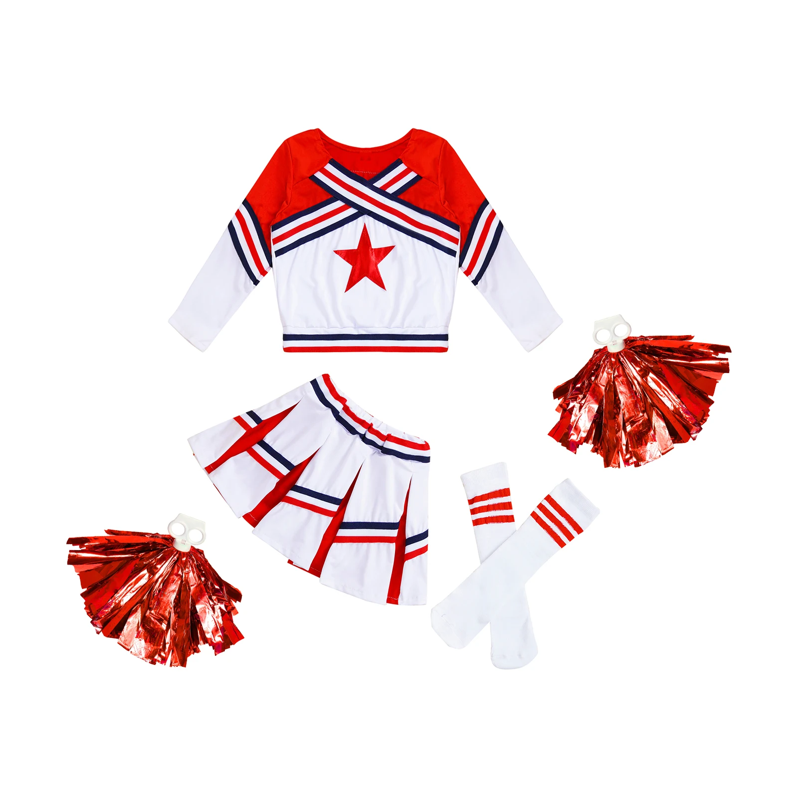 Kids Girls Cheerleading Cheer Dance Competition Costume Long Sleeve Shirt Skirts with Socks And Flower Balls Dancing Cosplay Set