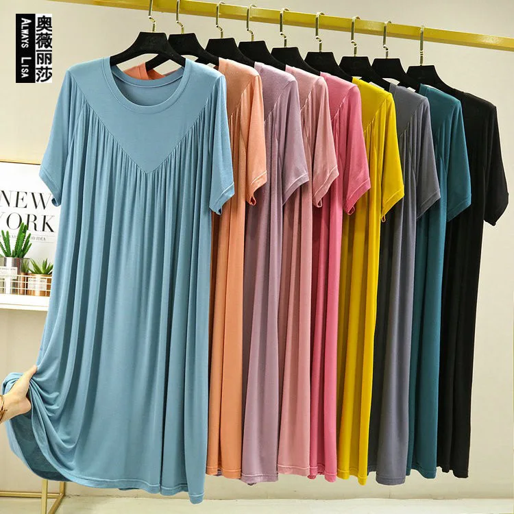 JIAYAN Summer Nightgown Thin Modal Loose Large Size Dress Solid Color Sleep Shirts Women's Pleated A-line Pajama