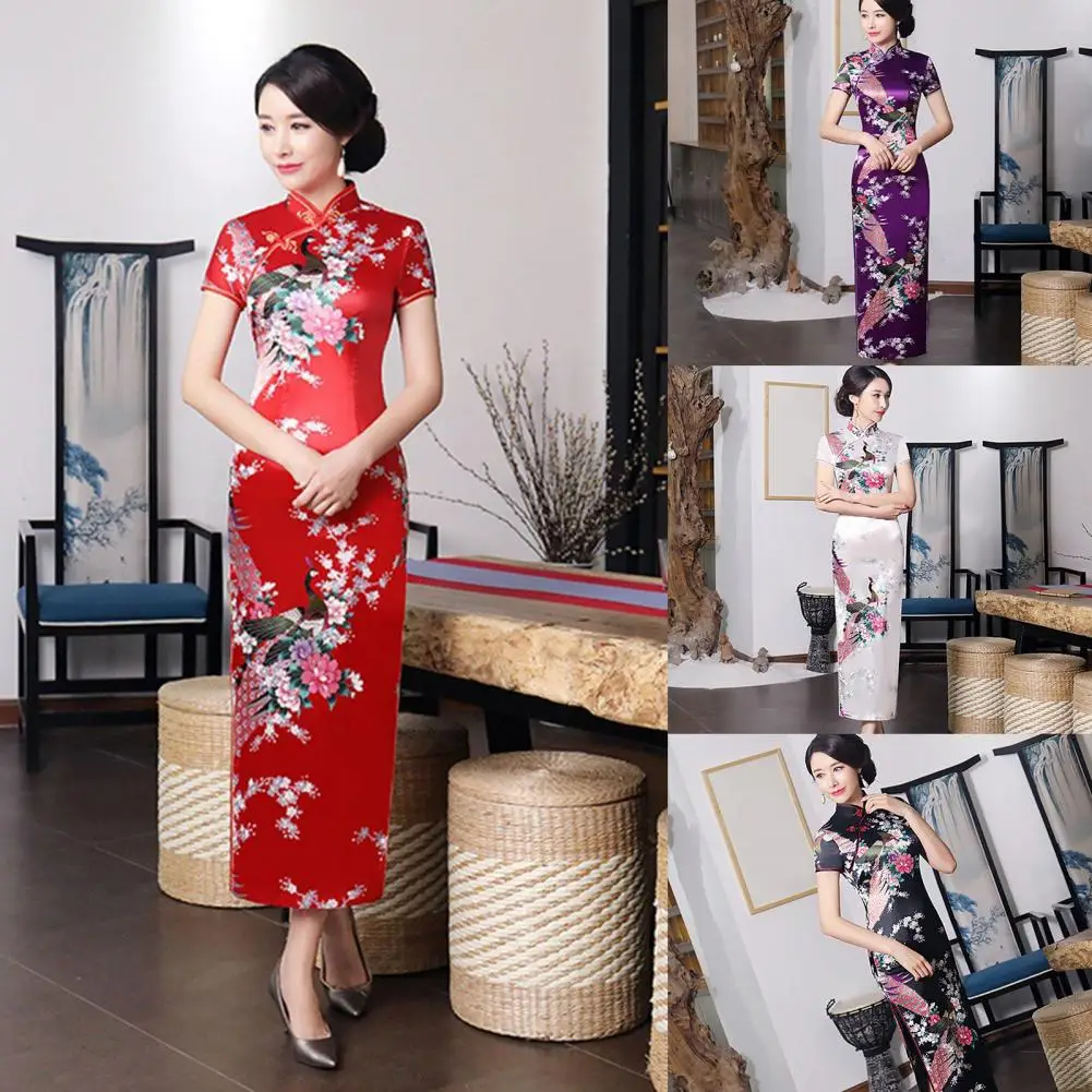 Terrific Lady Cheongsam Long Classic Anti-wrinkle Short Sleeve Lady Cheongsam