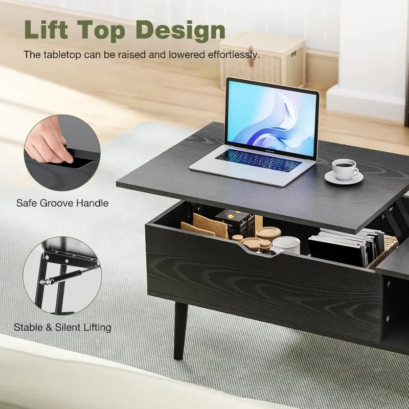Wood Lift Top Coffee Table with Hidden Compartment and Large Storage Shelf, Lift Tabletop Dining Center Table 6