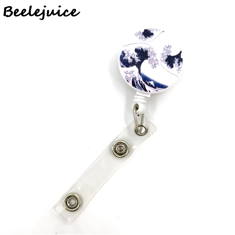 Kanagawa Hokusai Waves Art Painting ID Retractable Badge Holder ID Badge Holder Clips Name Card Keychain Nurse Work Decorations
