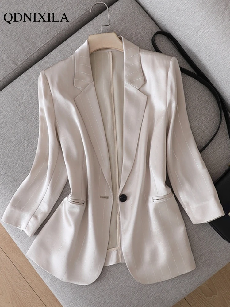 2023 Summer New Japanese Fashion Shiny Acetate Satin Small Women's Blazers Jacket Elegant Designer Slim Saggy Silky Ladies Suit