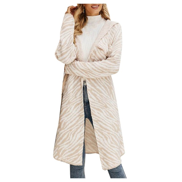 Women's Fashion Autumn/winter Style  Striped Hooded Long Sleeve Knit Cardigan Coat Thick Coat Mid-length Warm Basic Overcoats
