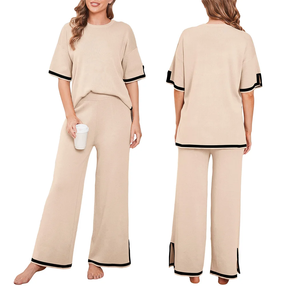 

Comfy Baggy Short Sleeve Crew Neck Tops and Elastic Waist Wide Leg Pants Women's Knit 2 Piece Sweater Sets Lounge Set Clothing