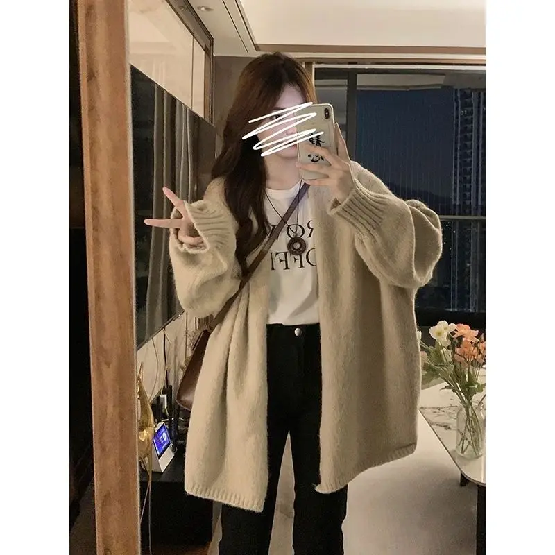 일본식 빈티지 루즈핏 v넥 긴팔 가디건 여성용, 올 매치 솔리드 컬러 인기 상품, 2022 가을 신제품
