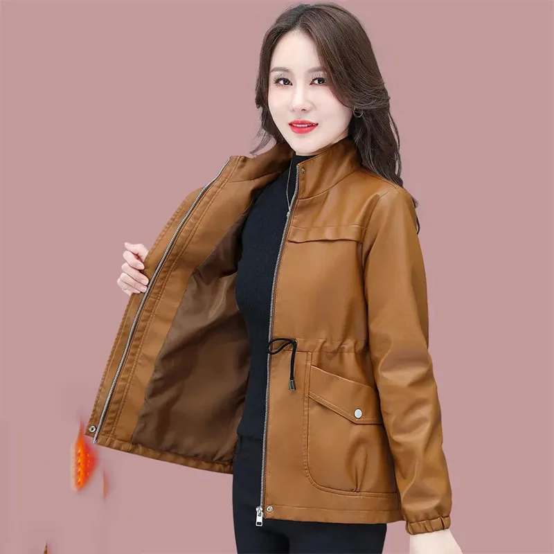 

High-End Leather Coat 2023 New Slim Top Casual Jacket Middle-Aged Lady Temperament Zipper Long Sleeve Fashion Coats Overcoat