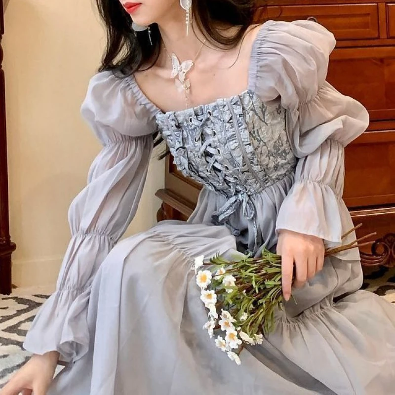 

French Vintage Evening Party Midi Dress Women Korean Fashion Sweet Elegant Dress Female Puff Sleeve Retro Fairy Dress Autumn New