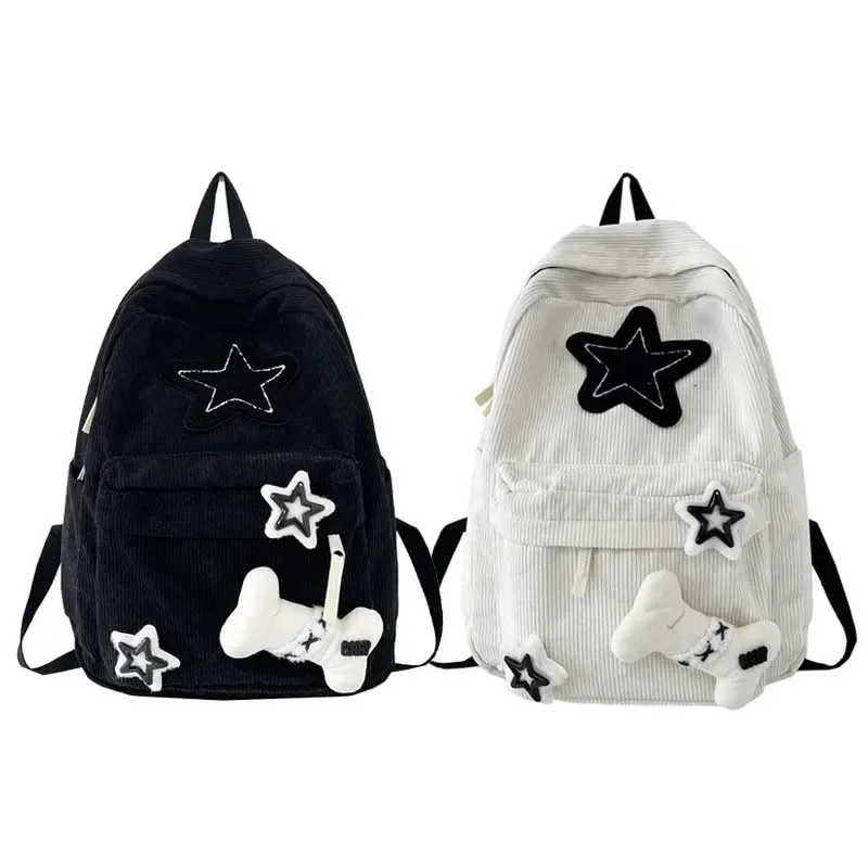 Y2K Girls Star Pattern Laptop Backpack Teen Student Large Capacity School Bookbag Corduroy Rucksack Double Strap Shoulder Bag 4