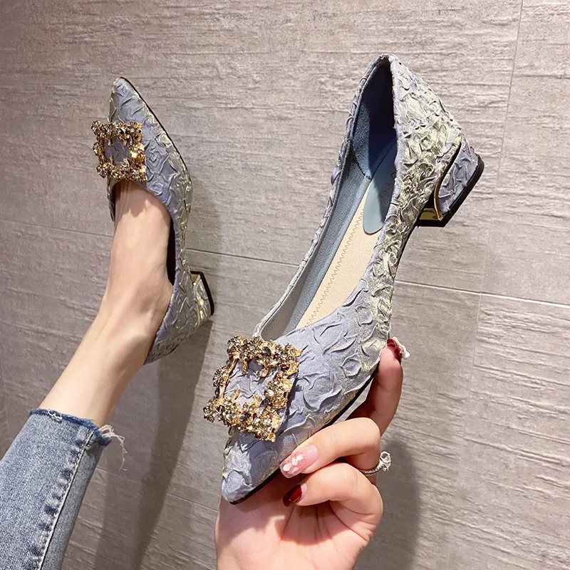 Shoes Women's Pumps 2022 New Slip-On Rhinestone Square Buckle Pointed Toe Shallow Shoes Square Heel 3CM Fashion Shoes