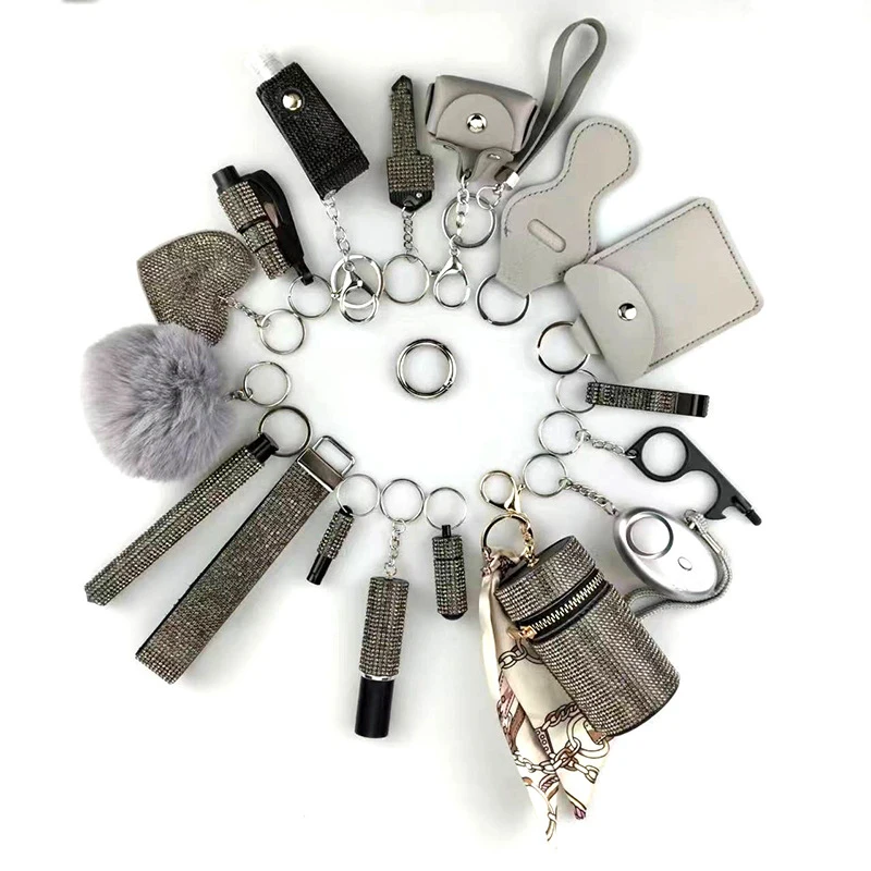 

17-piece Set Women Outdoor Self-defense Flashlight Alarm KeyChain Jewelry Accessories Bottle Convenient Hairball Pendant