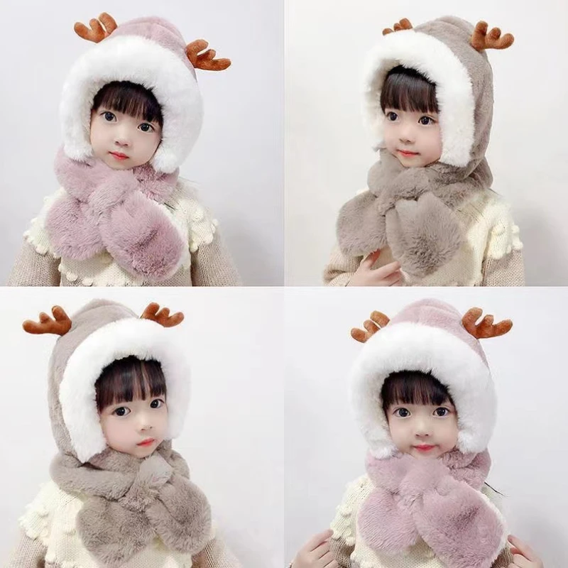 Autumn and Winter Children\'s Hat Cute Hat and Scarf All In One Hat Boys and Girls Deer Hats Plush Windproof Ear Protection Cap