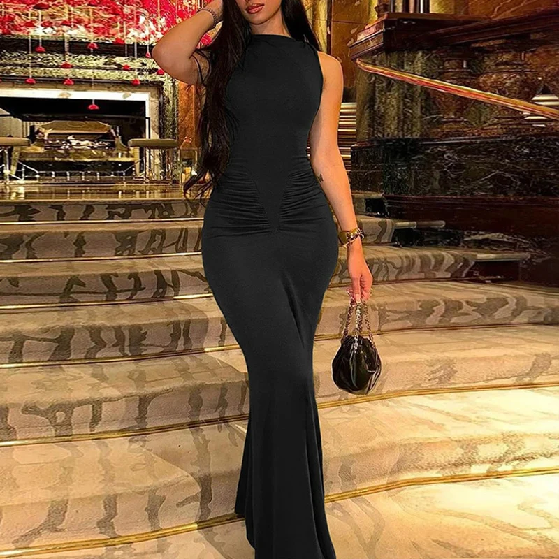

Summer Fashion Slim Fit Party Dresses Women Elegant Crew Neck Hight Waist Solid Evening Dress 2024 Elegant Sleeveless Long Dress
