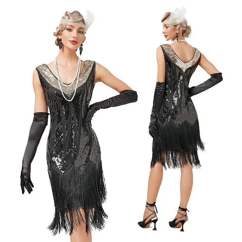 

Flapper Dress 1920s Great Gatsby Black Vintage Dress V Neck Beaded Fringed Tassels Cocktail Prom Wedding Party Cosplay Costumes