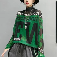 المرأة الوقوف طوق إلكتروني الطباعة فضفاضة تي شيرت غير رسمي ، السيدات طويلة الأكمام أعلى ، Harajuku Y2K شبكة المحملة ، المرأة البلوز ، الخريف ، الشتاء 1