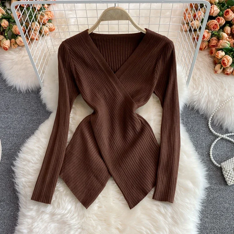 

Criss-cross Irregular Vintage Bottoming Jumpers V Neck High Street Age Reducing Pull Femme 2023 Autumn Winter New Sweater Y2k