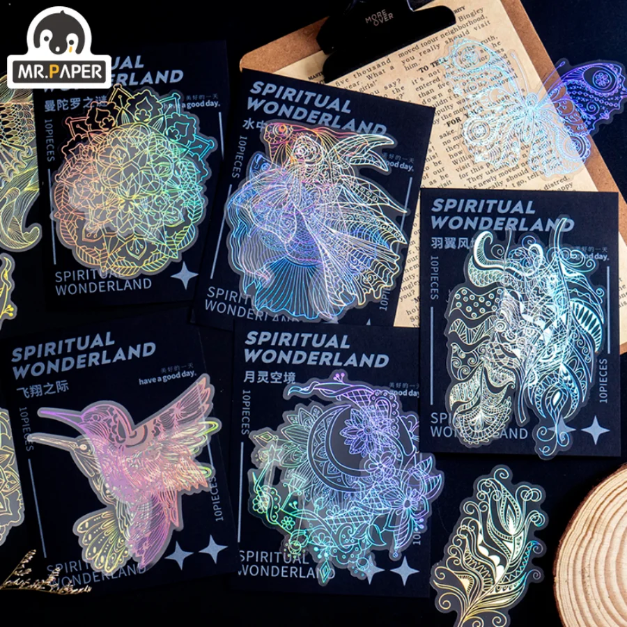 

Mr.paper 8 Styles 10Pcs/Bag Vintage Butterfly Laser Sticker Aesthetic Floral Pattern Scrapbooking Decoration Stationery Sticker