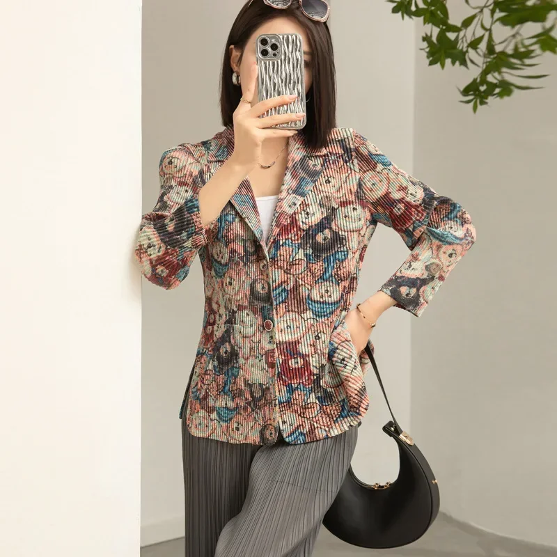 Miyake Pleated Printed Blazer Women's Design Niche Temperament Commuting Versatile Suit Collar Single-breasted Short Top
