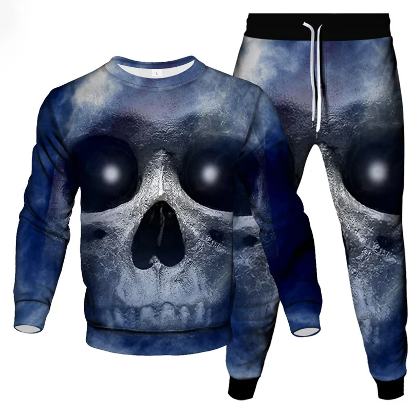 Fashion Skull Fire 3D Print Men's Sportswear Set Casual Long-Sleeved T Shirt Pants 2-Piece Set Oversized Pullover Men Clothing 2