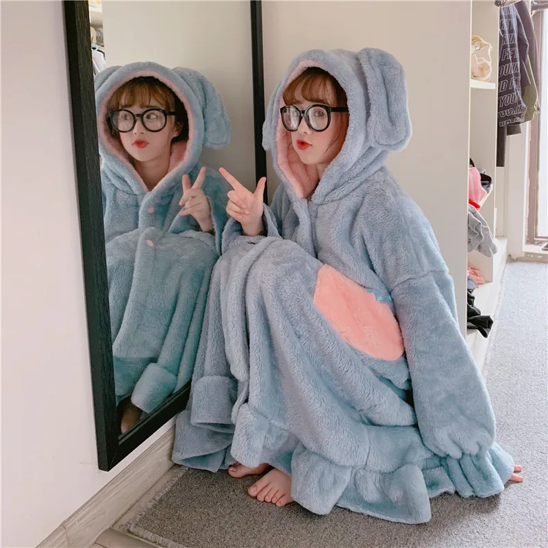 Kawaii Hooded Nightgowns For Women Winter Warm Bathrobe Sleepwear Pajamas Dress Cute Cartoon Long Robe Homewear Long Night Gown