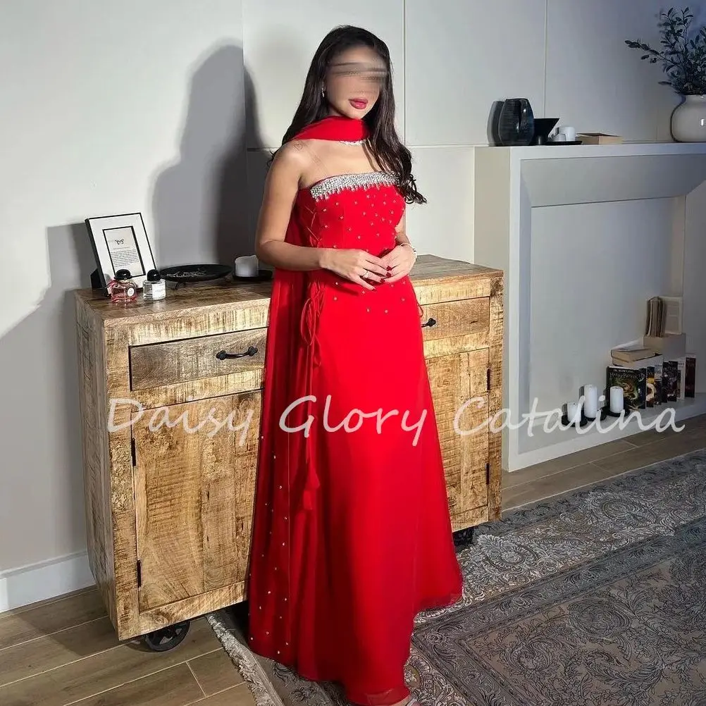 

Saudi Arabia Evening Dress 2024 Strapless Beading Women's Prom Dresses Watteau Train Halter Formal Occasion Dresses Red Mermaid