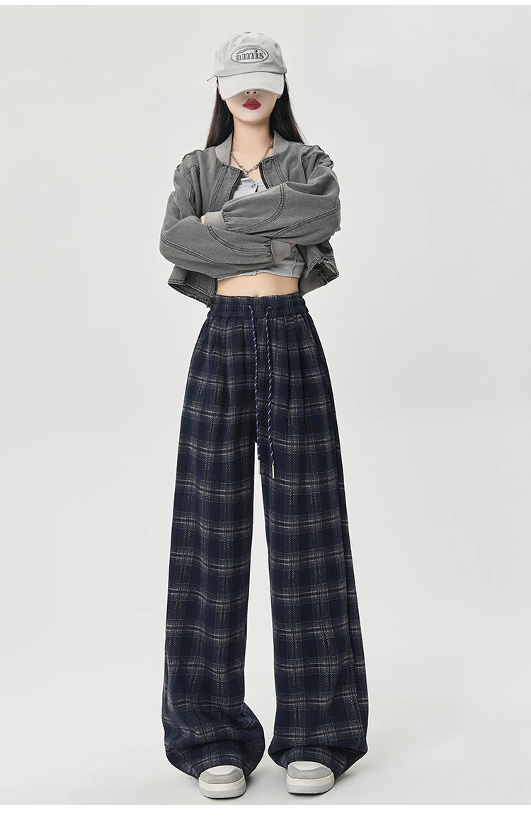 Winter Vintage Chic Kordelzug Lose Gerade Frauen Hosen Neue Plaid Kontrast Farbe Volle Länge Mode Weibliche Breite Bein Hosen – Detail 25