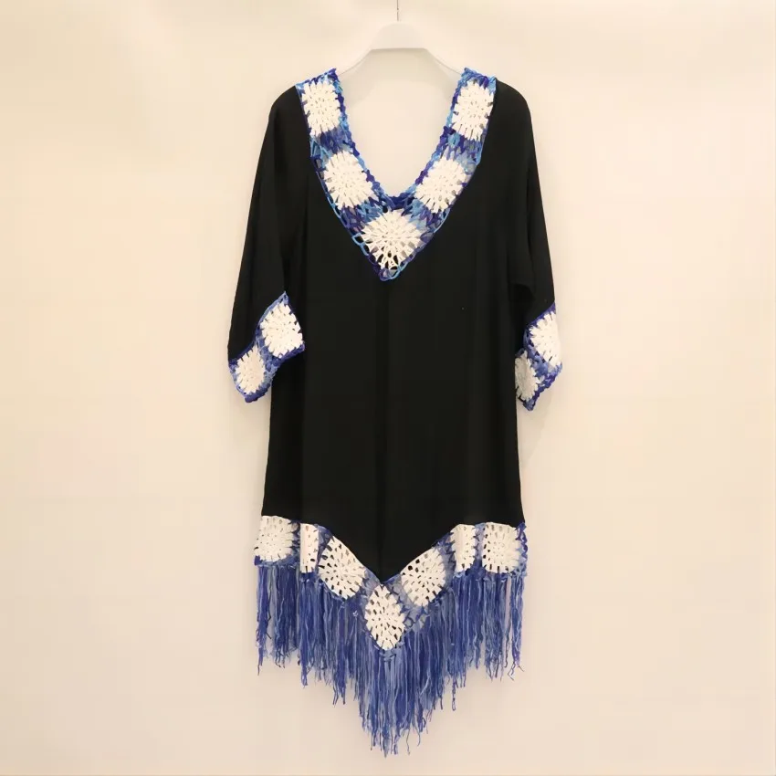 2024 new hand-crocheted fringe lace outdoor cutout hand-woven beach sunblock smock Boho beach skirt women's bikini
