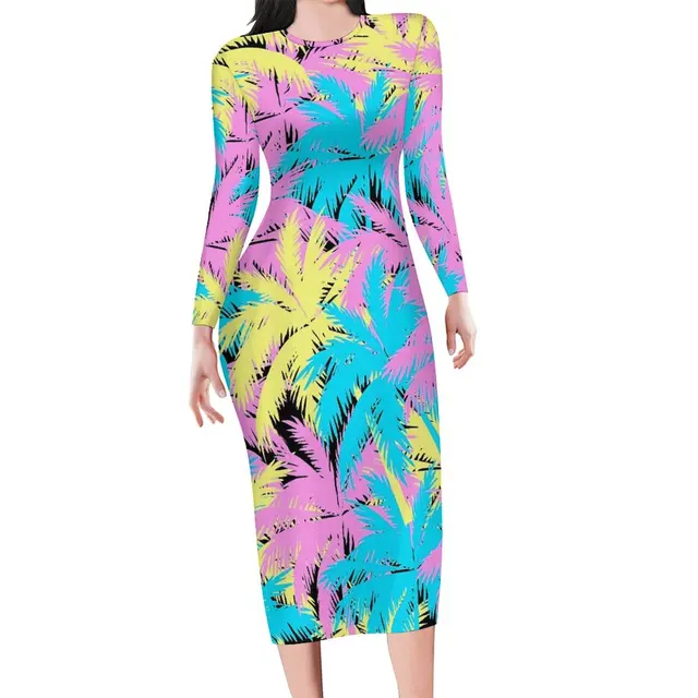 Neon Palm Trees Bodycon Dress Woman Plant Print Night Club Dresses Autumn Long Sleeve Street Style Graphic Dress 3XL 4XL 5XL
