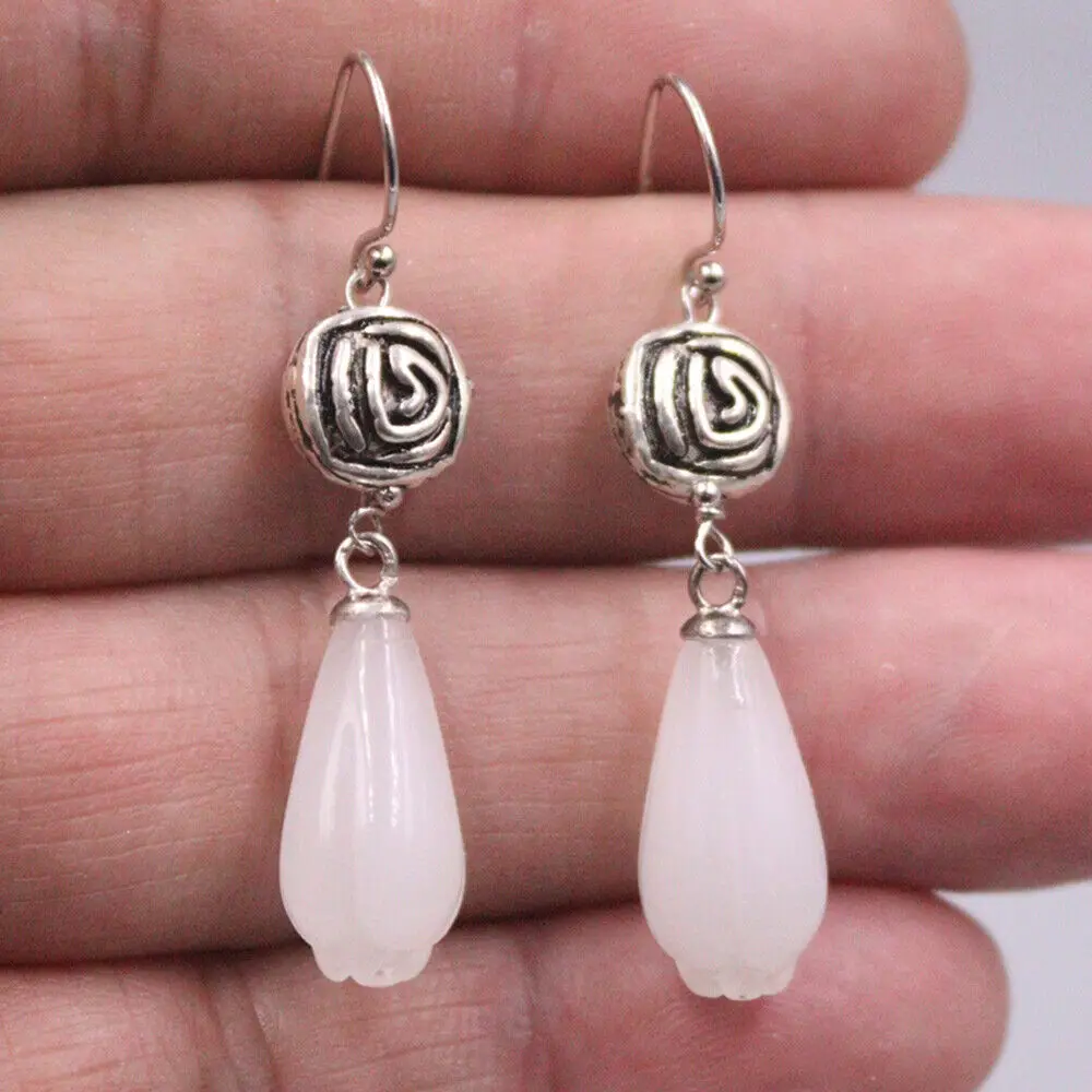 Solid 925 Sterling Silver Rose Dangle Earrings With Natural Jade Bud 1.77 L