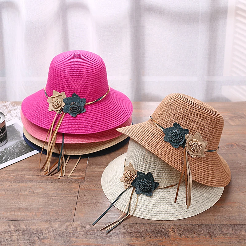 Spring Summer Beach Hat Large Brim Linen Flower Straw Hat Outdoor Women Sun Cap