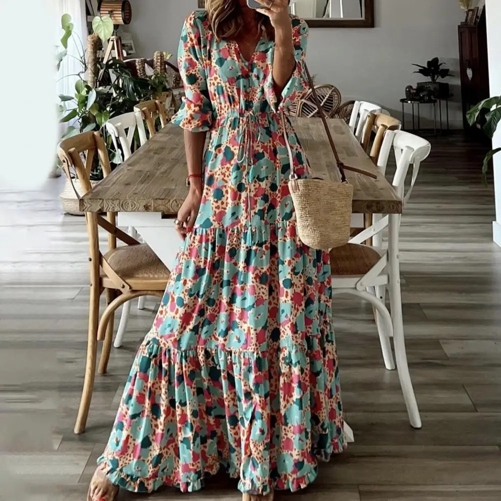 

V-Neck Long Sleeve Maxi Dress Drawstring High Waist Ankle Length Bohemia Print Ruffle Large Hem Dress Female Clothing