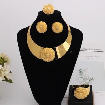 Gold Color Luxury Sunflower Shape Necklace Bangle Earrings Ring For Women Fashion Pretty Jewelry Set Gift For Party Wedding