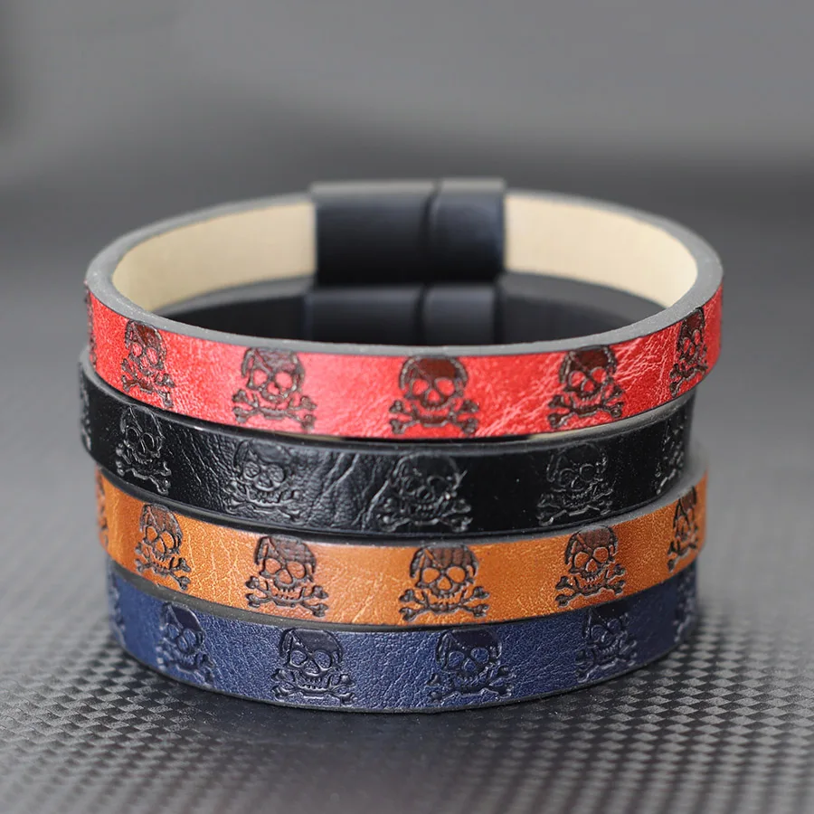 Leather Gothic Skull Men Bracelet with Magnetic Buckle