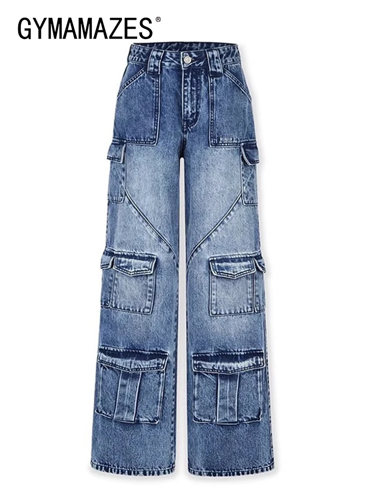

GYMAMAZES Colorblock Patchwork Pocket Cargo Pant For Women High Waist Spliced Button Streetwear Straight Jeans Female Fashion