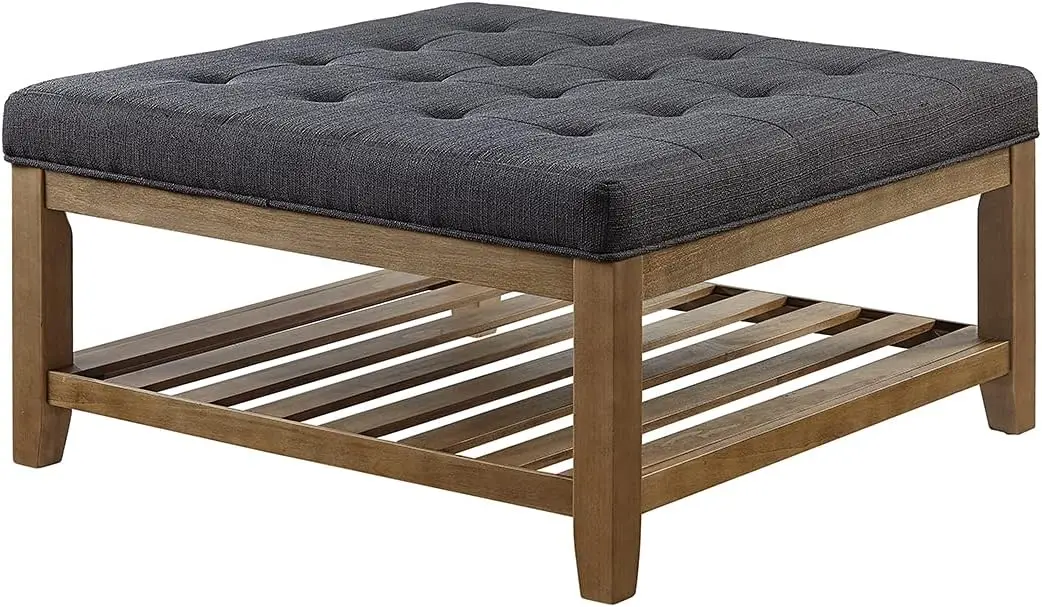 Large Square Upholstered Tufted Linen Ottoman Coffee Table, Large Footrest Ottoman with Solid Wood Shelf- Charcoal 3