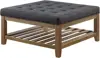 Large Square Upholstered Tufted Linen Ottoman Coffee Table, Large Footrest Ottoman with Solid Wood Shelf- Charcoal 3