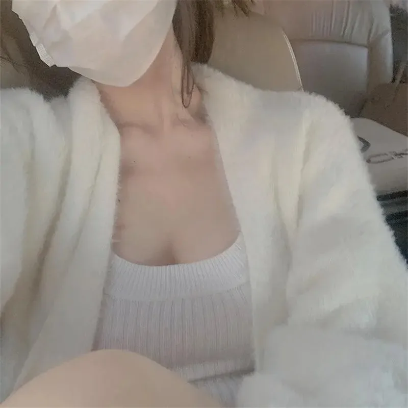 여성용 인조 밍크 캐시미어 가디건, 가을 겨울 의류, 부드럽고 느슨한 레이지 롱 코트, 두껍고 따뜻한 니트 스웨터, 겉옷