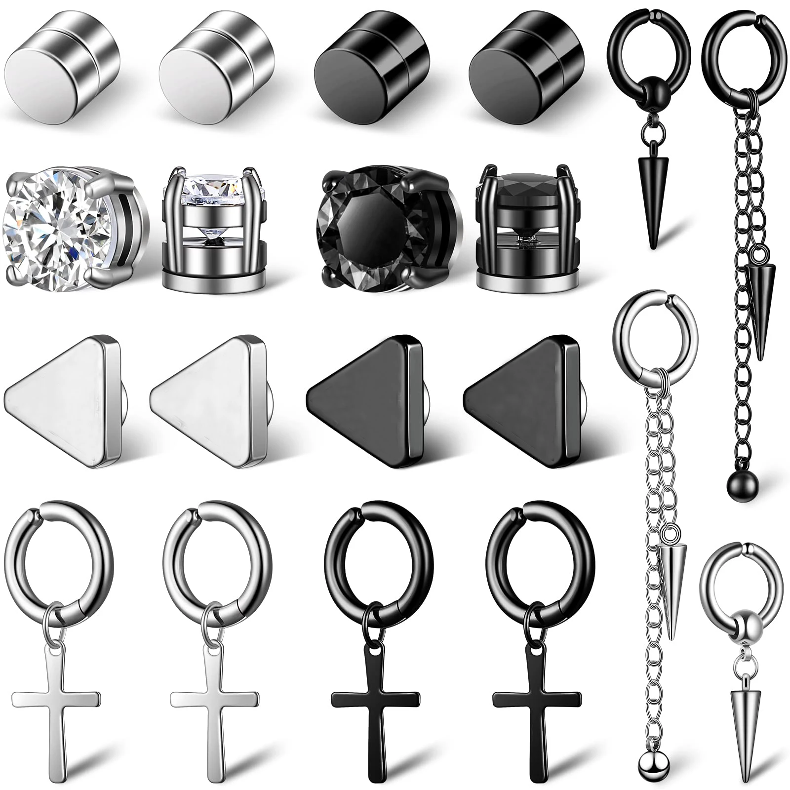 12 Pairs CZ Stud Earrings for Men Stainless Steel Non Piercing