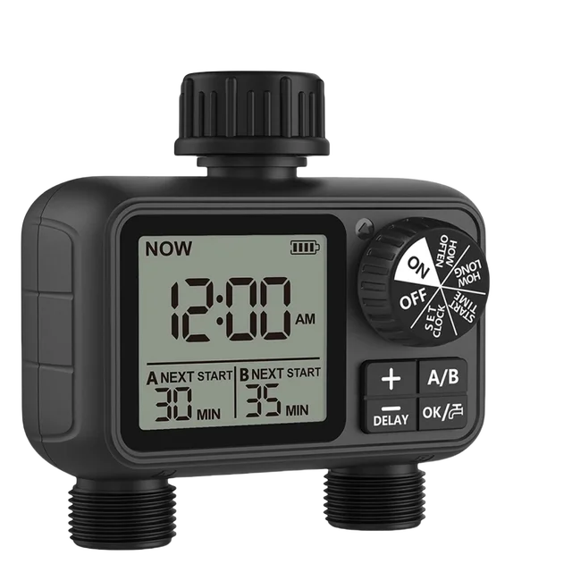 Water Timering Newest 2-Outlet Digital Water Timer A/B-Zone Independent Programer Control Adjustable Sprinker Easy Installation 1