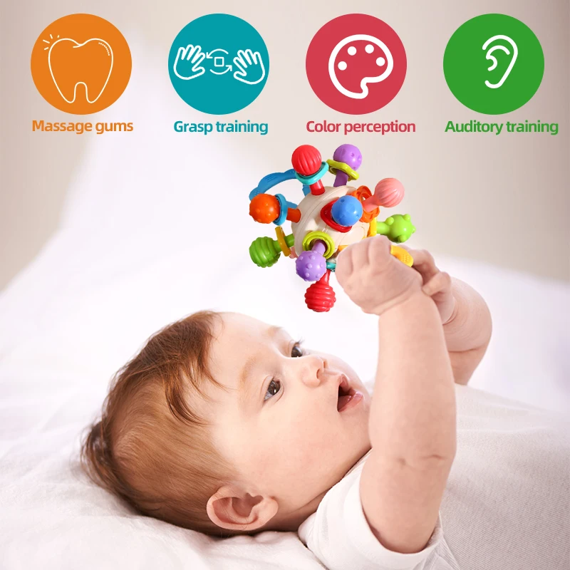 Silicone Rattles Baby Sensory Toy Chew Teething Ball Rattle Grasping Activities Early Education Girls Boys Gifts
