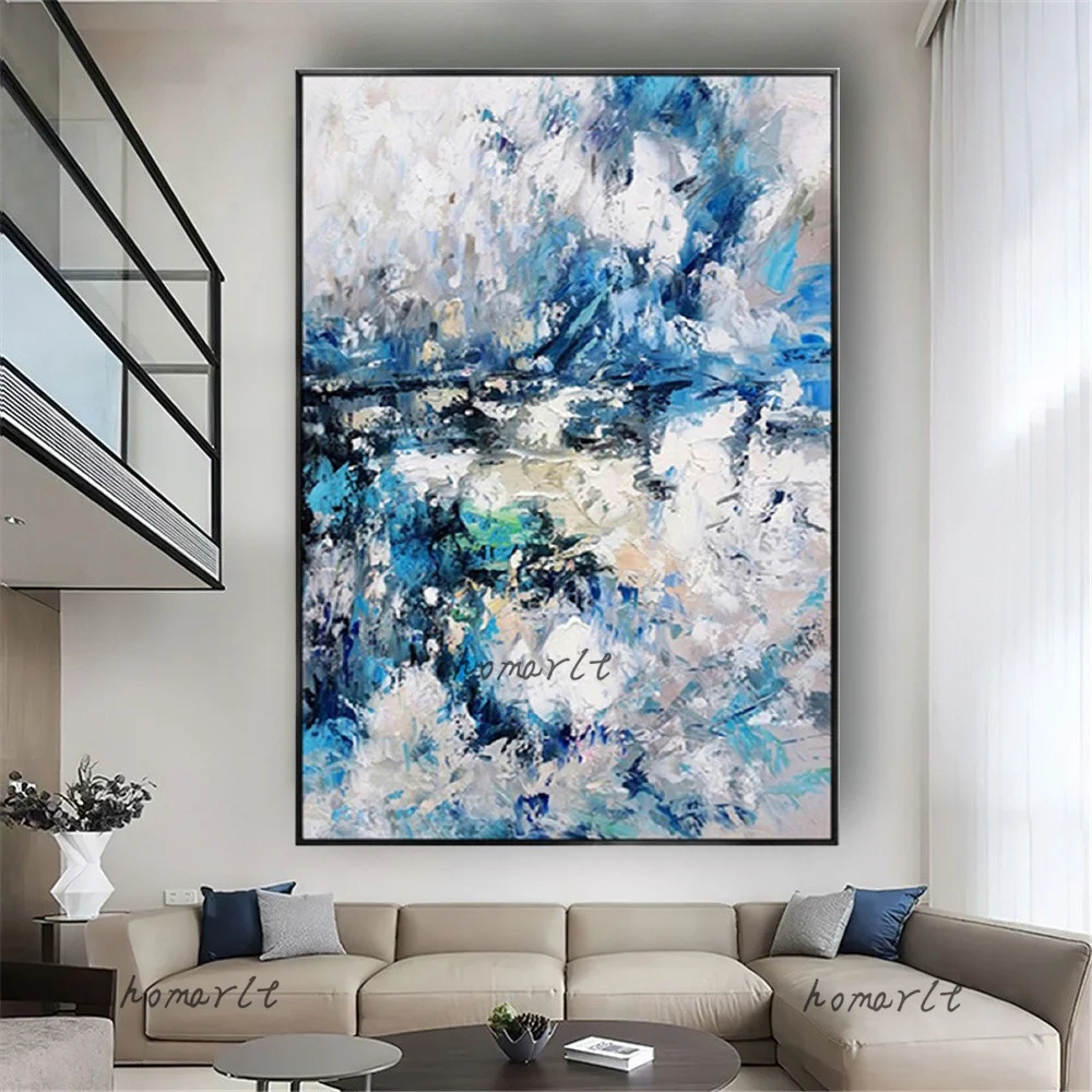 

Heavy Textured Abstract Oil Painting White Blue Wave Picture 100% Hand-Painted Wall Decoration Acrylic Canvas Art Pieces