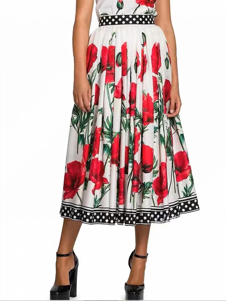 

Spring and summer new skirt polka-dot print short skirt big swing A-line skirt wrinkle high waist holiday Pengpeng long overskir