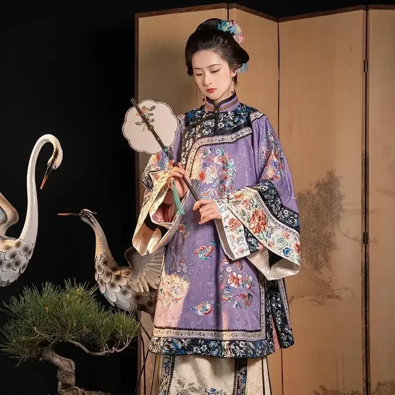 5 Color Retro Heavy Industry Antique Clothes Women Qing Dynasty Flower Printed Loose Long Sleeve Cheongsam Dress Qipao Cospaly