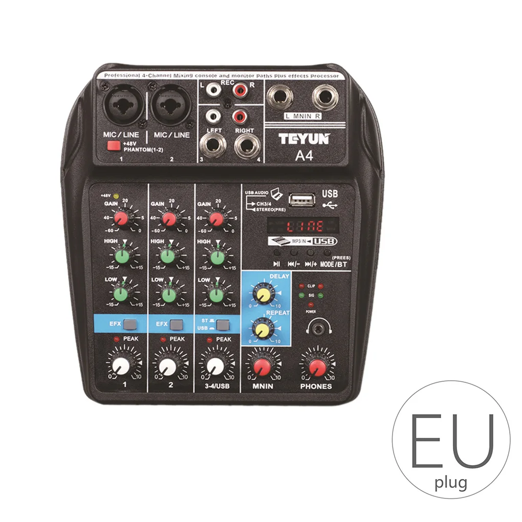 

4 Channels Audio Mixer Sound Mixing Console Bluetooth Record Stage Meeting Live Broadcast Suppplies EU Plug