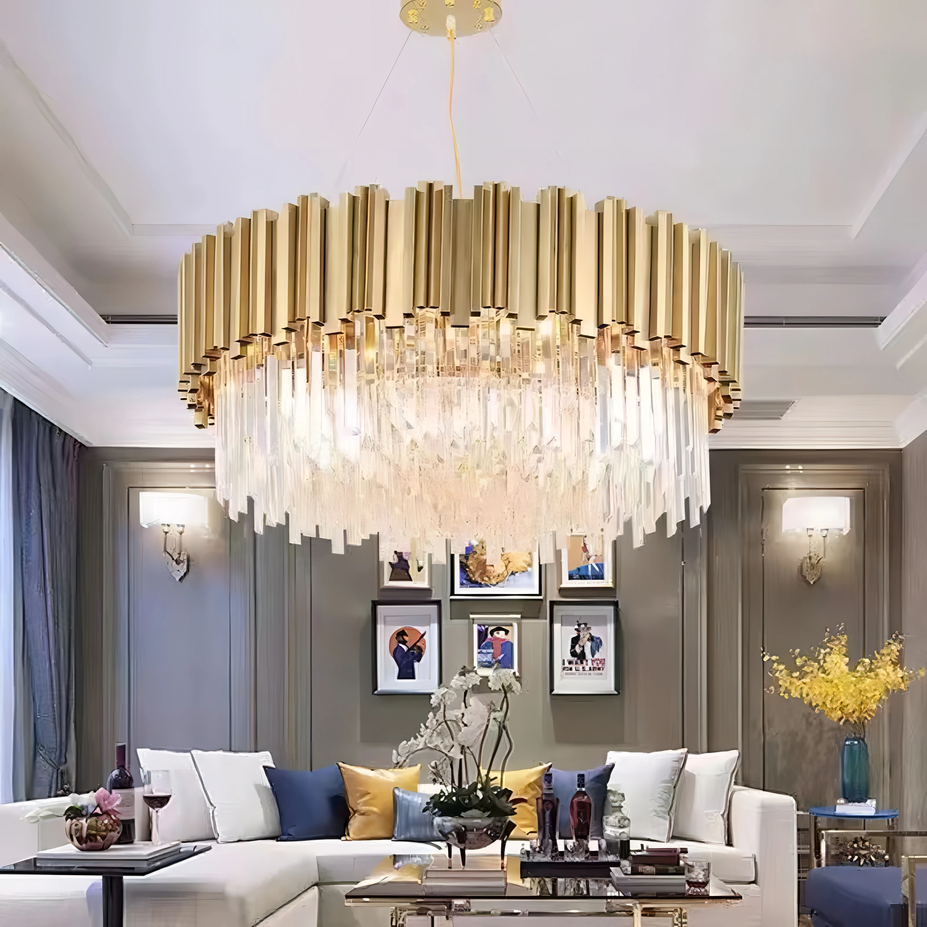 Modern Lustre Gold Metal E14 Pendant Lights Living Room K9 Crystals Chain Hanging Lamp Bedroom Deco Led Lighting Fixtures