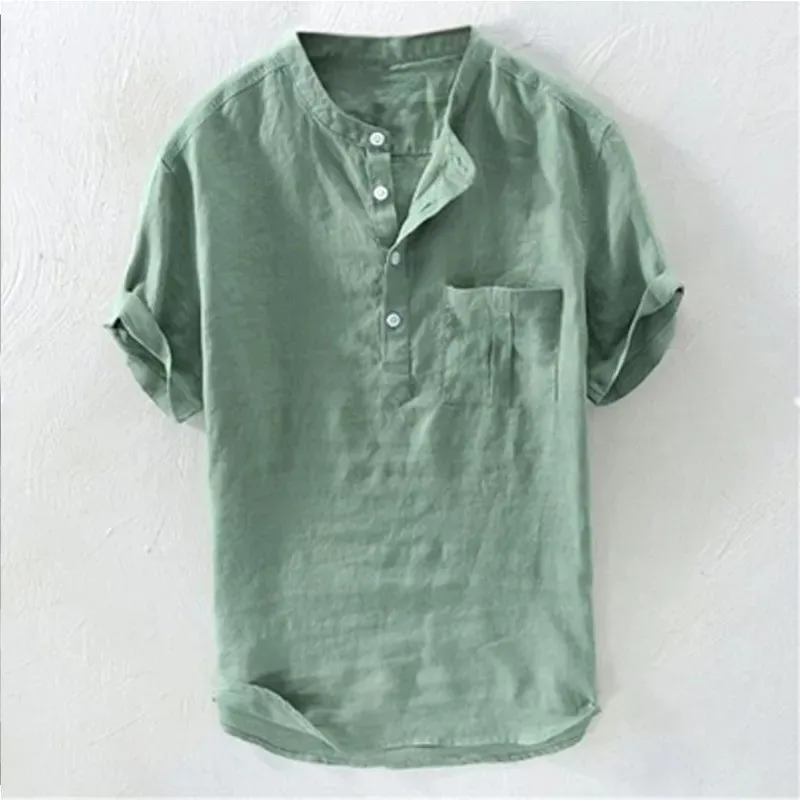 

Men's Solid Color Thin Breathable Button Cotton Linen Top shirt Green