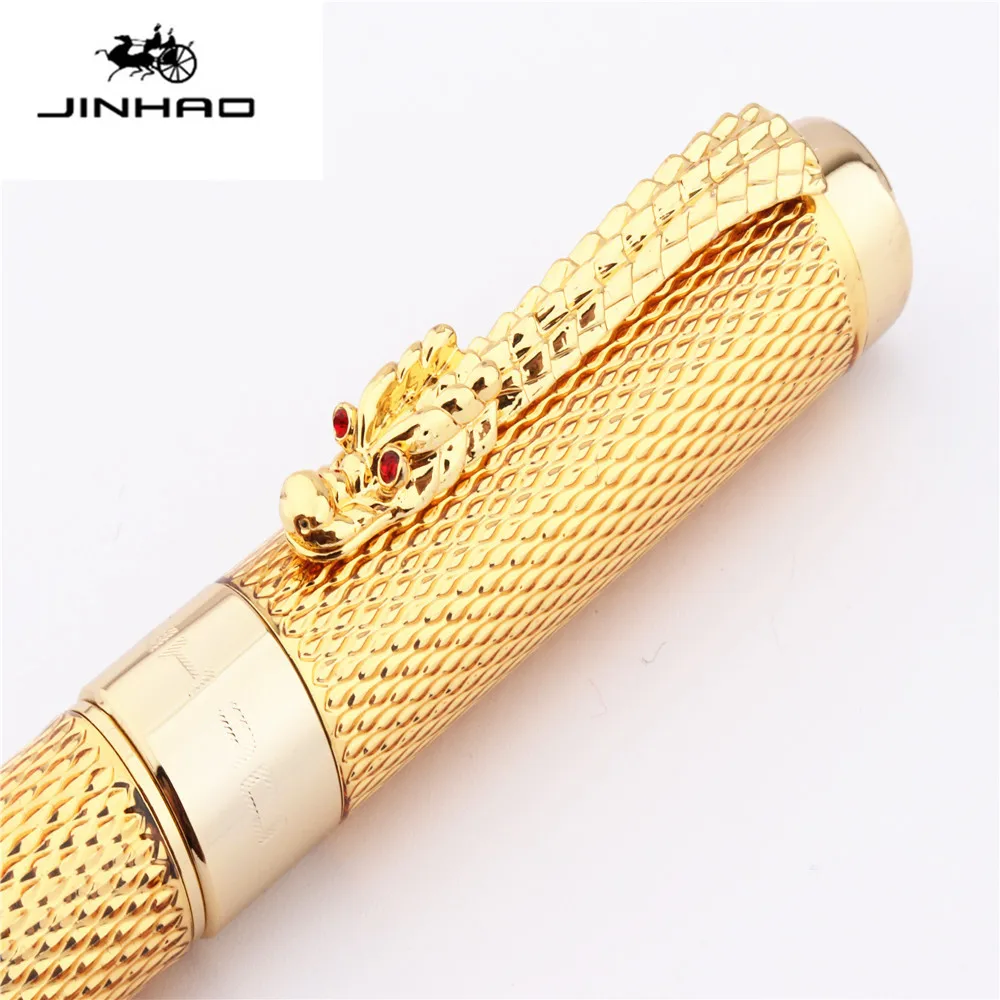 JINHAO Luxury Dragon Bright Gold Squares Line Barrel Rollerball Pen Medium Nib